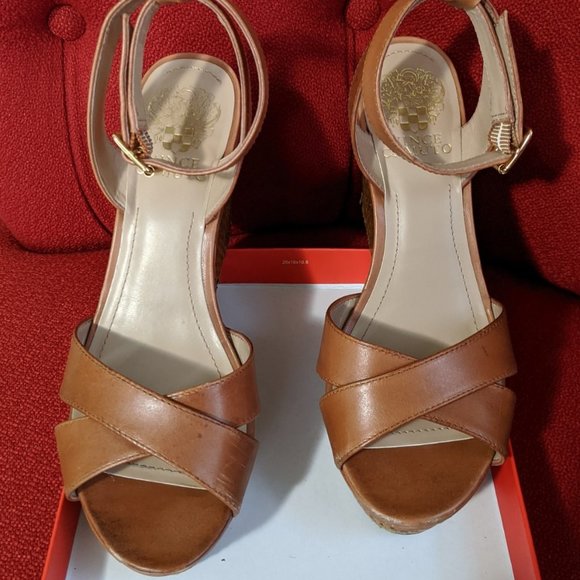 Vince Camuto Tan & Brown Leather Wedge Sandals - Picture 2 of 6